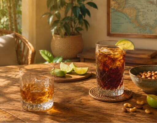 Een glas rum met ijs en een glas Baco met een citroentje samen op een tafel binnen. Je ziet nog wat schijfjes limoen liggen, een bakje nootjes en een stoel en plant op de achtergrond